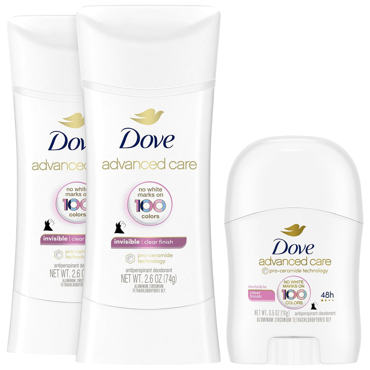 Dove clear finish front packaging showing two full-size sticks and travel stick for reliable protection