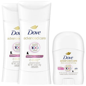 Dove clear finish front packaging showing two full-size sticks and travel stick for reliable protection