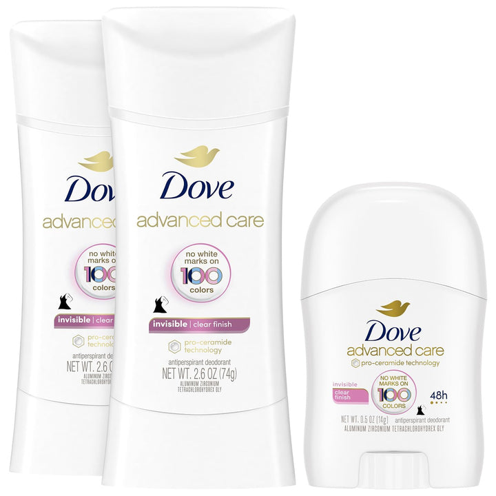 Dove clear finish front packaging showing two full-size sticks and travel stick for reliable protection