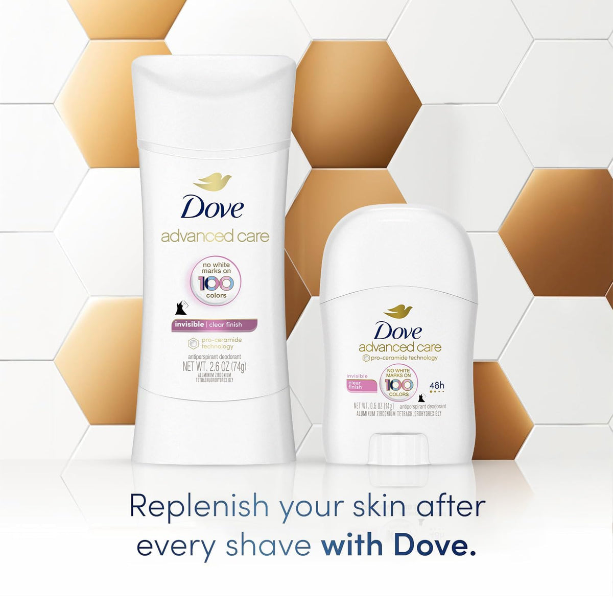 Dove clear finish label detail showing Pro-Ceramide Technology and scent information for informed choice