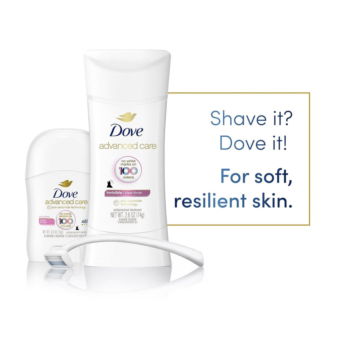 Dove clear finish two sticks side-by-side displaying bundle value and extra at-home supply