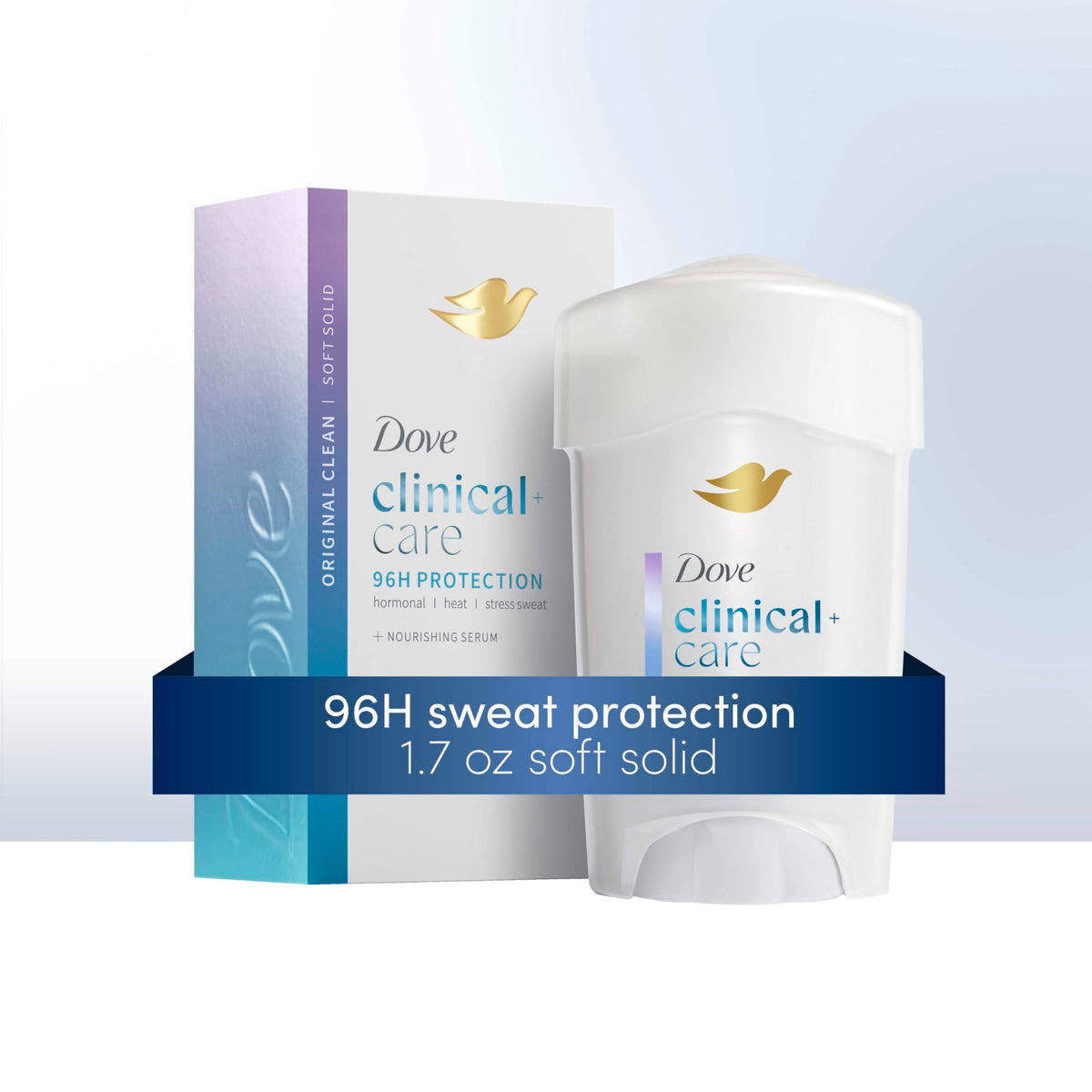 Dove Clinical + Care 1.7 oz next to everyday items showing compact travel size