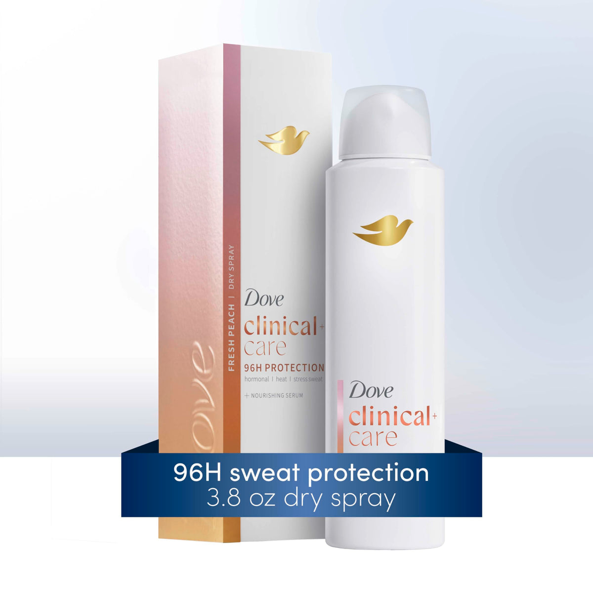 Woman holding Dove spray in kitchen showing fresh peach scent and confidence benefit