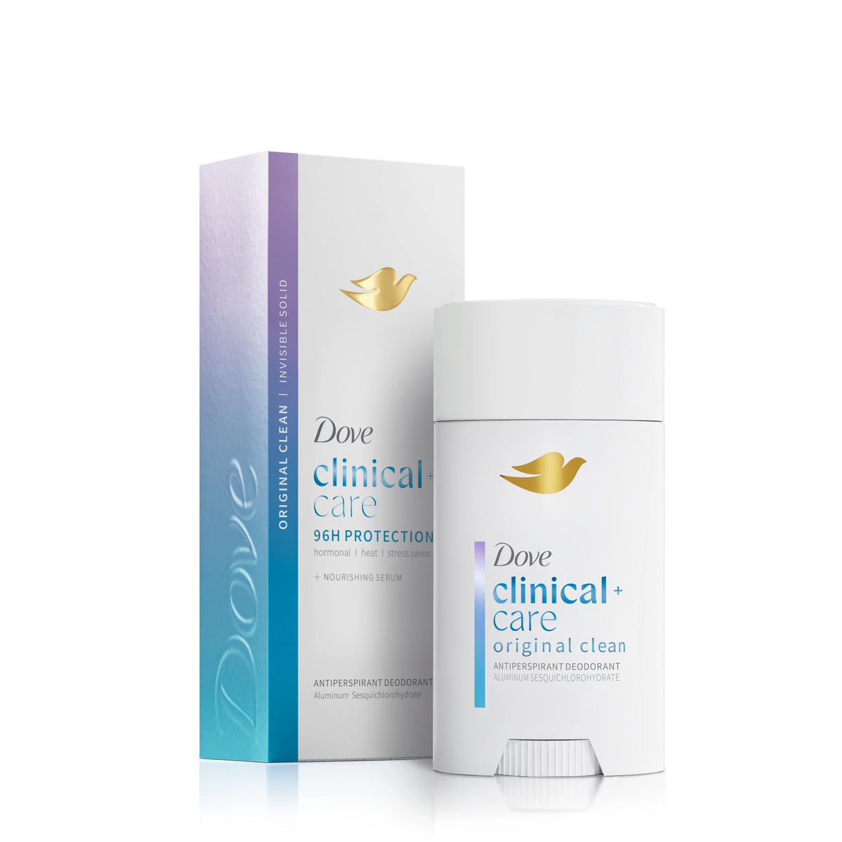 Dove Clinical + Care front packaging showing product and clean scent benefit