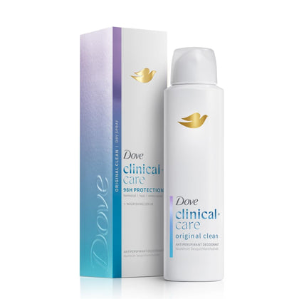 Dove Clinical + Care front packaging shows product and clean scent benefits