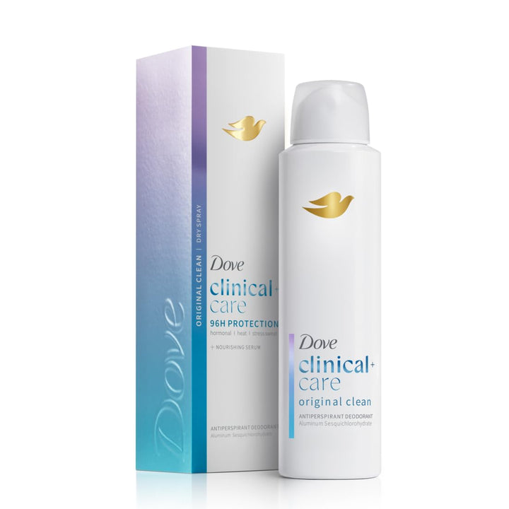 Dove Clinical + Care front packaging shows product and clean scent benefits