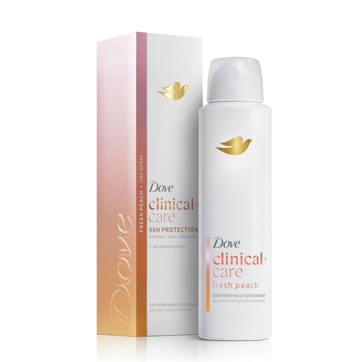 Dove bottle front packaging showing clinical protection and peach scent benefit
