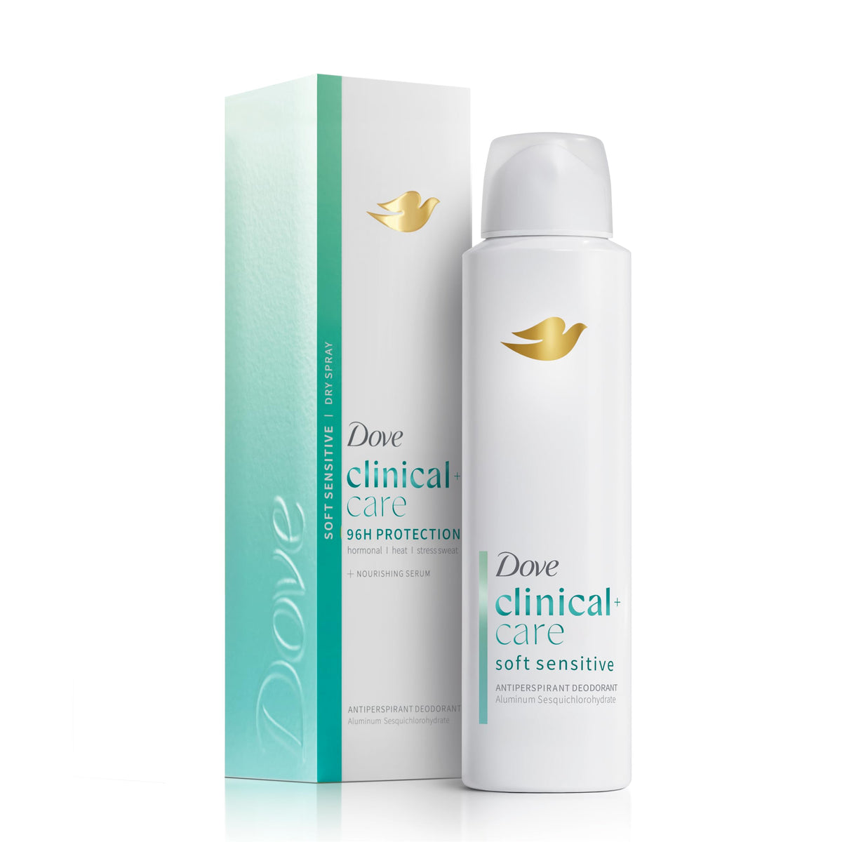 Dove Clinical + Care front packaging shows protection and scent benefits