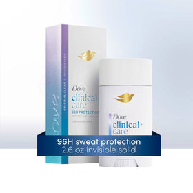 Dove Clinical + Care 2.6 oz next to a hand showing portable travel size