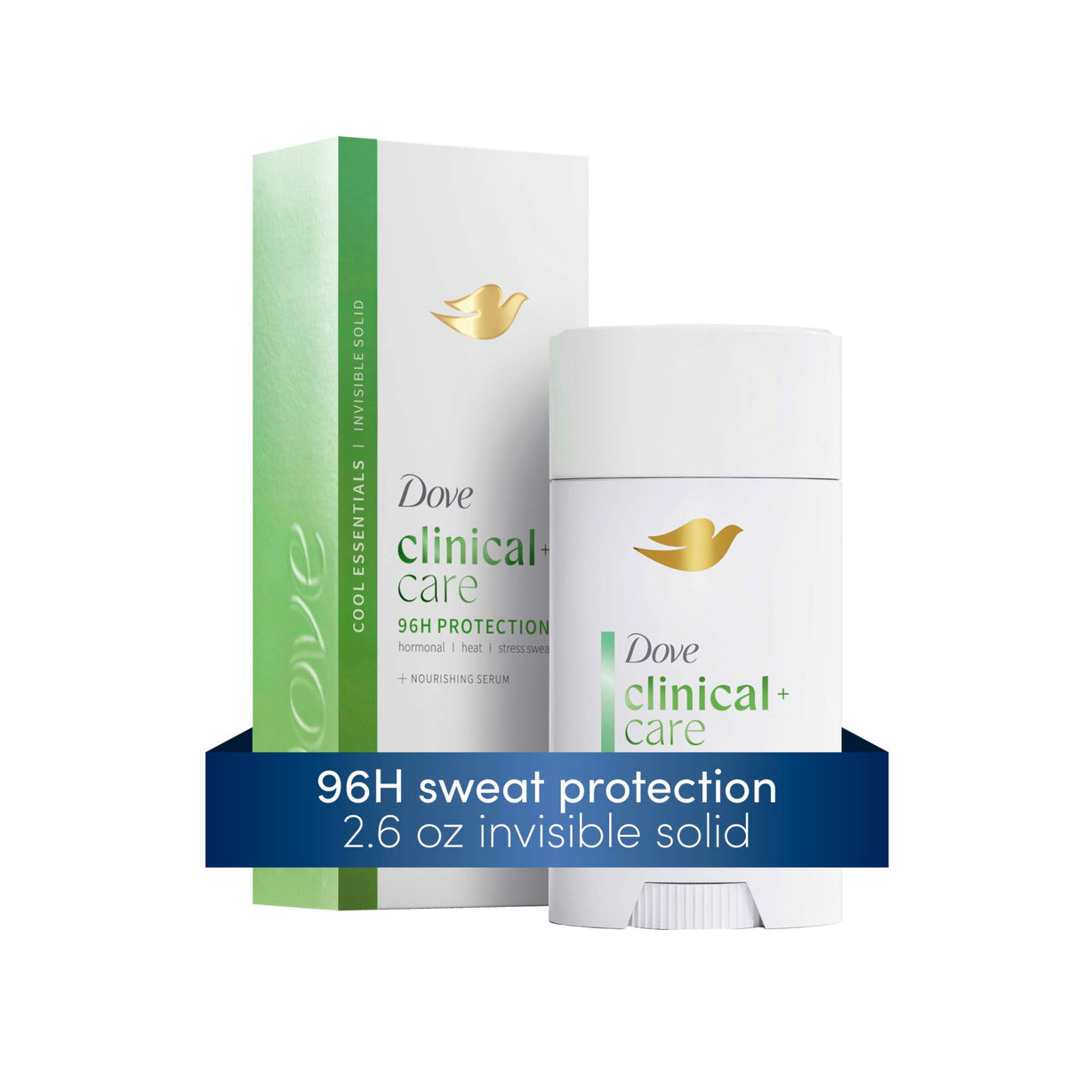 Dove clinical + care stick beside phone showing 2.6 oz travel-ready benefit