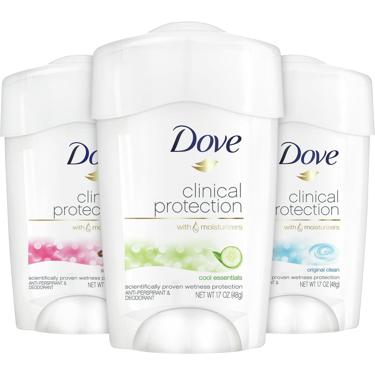 Dove clinical protection pack front showing three moisturizing sticks and variety benefits