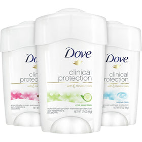Dove clinical protection pack front showing three moisturizing sticks and variety benefits