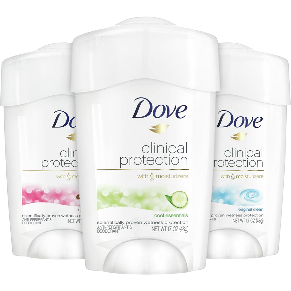 Dove clinical protection pack front showing three moisturizing sticks and variety benefits