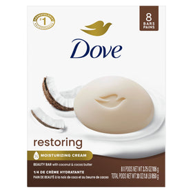 Dove front packaging showing coconut and cocoa butter for moisturized skin