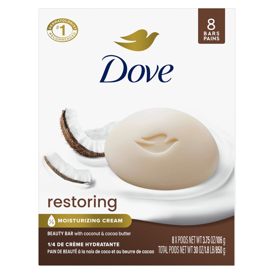 Dove front packaging showing coconut and cocoa butter for moisturized skin