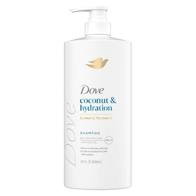Dove coconut hydration front packaging showing the 28 fl oz bottle and clear label benefit