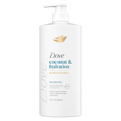Dove coconut hydration front packaging showing the 28 fl oz bottle and clear label benefit