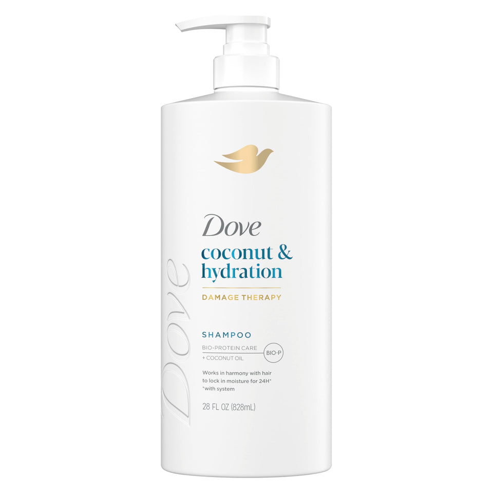 Dove coconut hydration front packaging showing the 28 fl oz bottle and clear label benefit