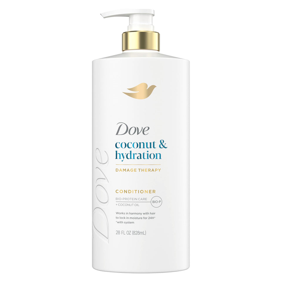 Dove conditioner front packaging shows 28 fl oz bottle and brand benefits