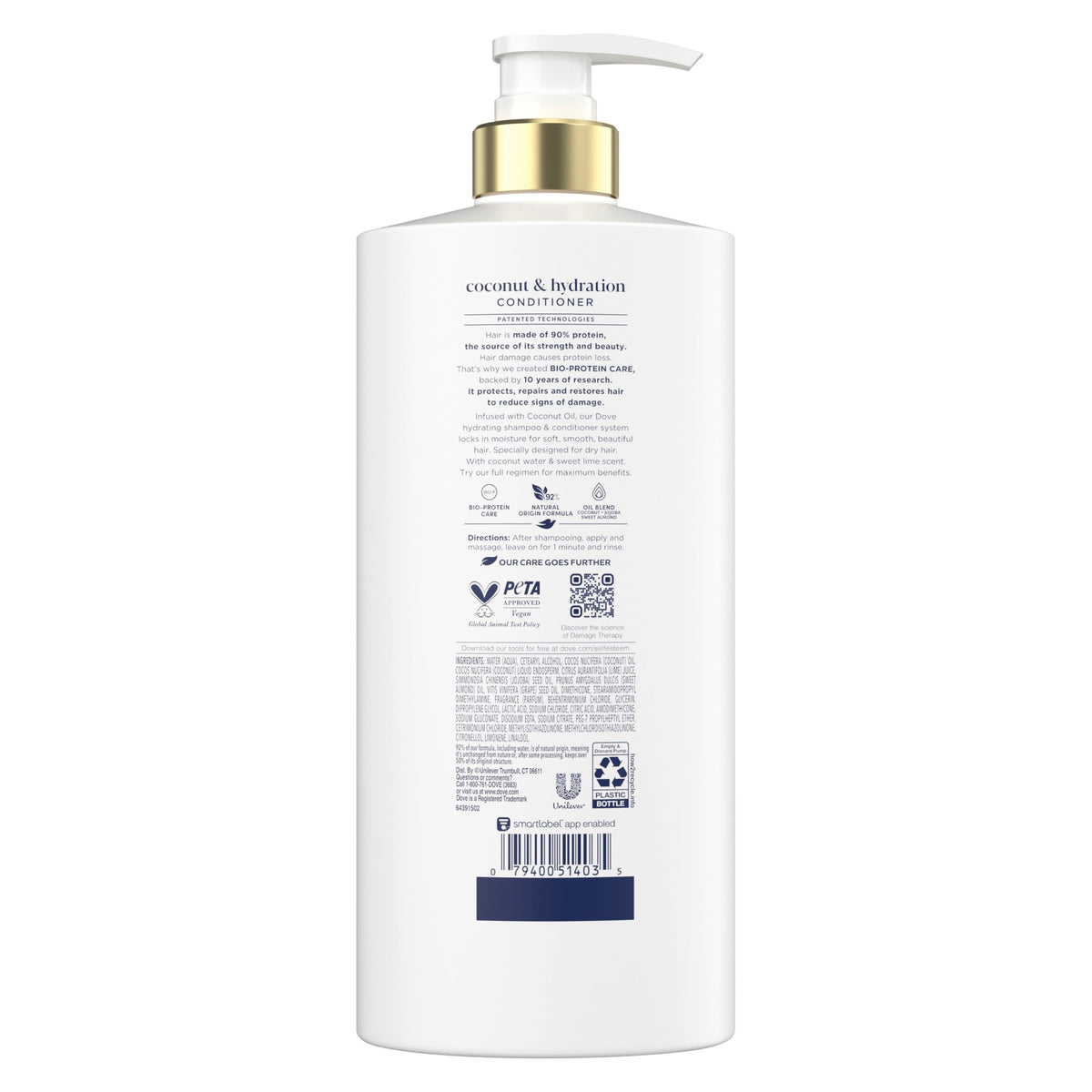 Dove bottle pump and label detail highlighting coconut hydration benefits