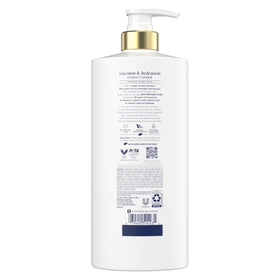 Dove bottle pump and label detail highlighting coconut hydration benefits