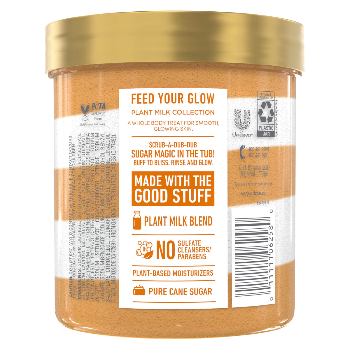 Dove open tub with creamy sugar scrub texture for smooth hydrated skin