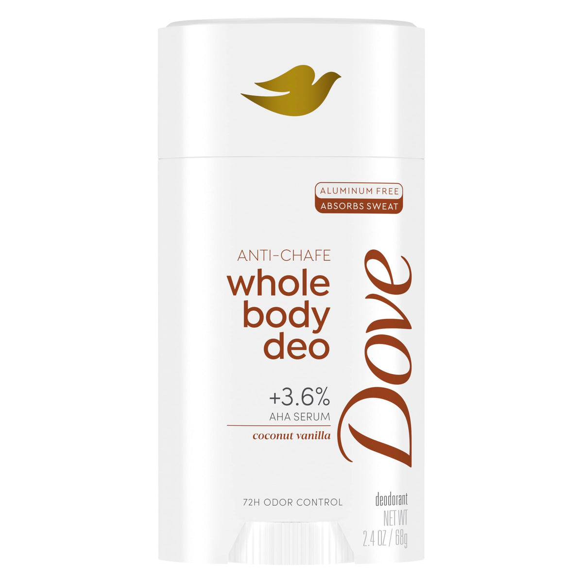 Dove front packaging of Coconut Vanilla stick showing product and scent benefit
