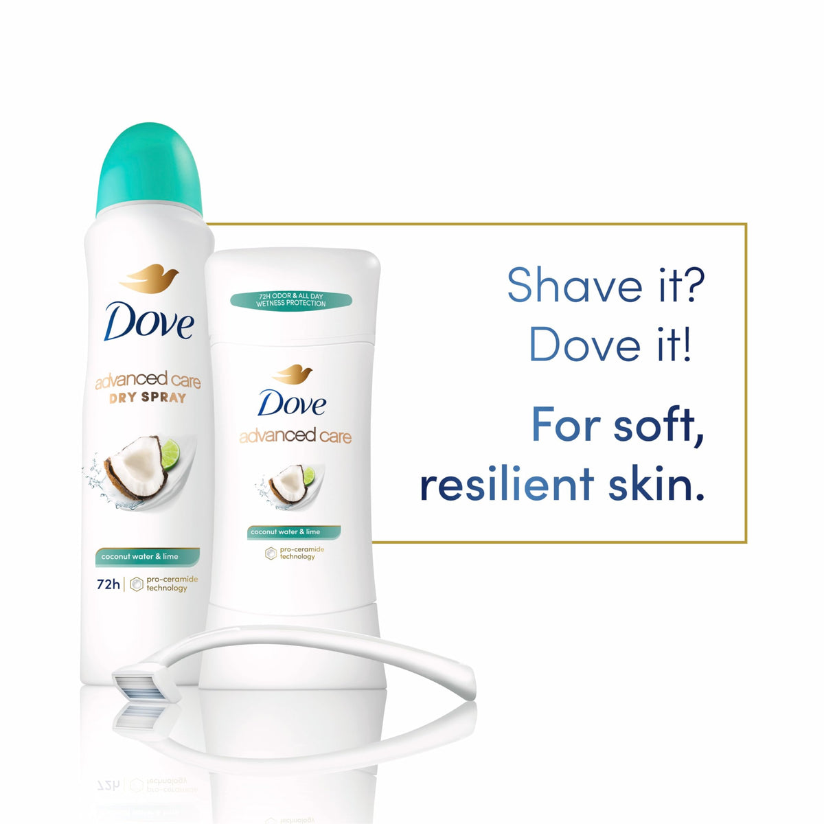 Dove coconut water & lime aerosol nozzle detail showing fine mist for quick dry