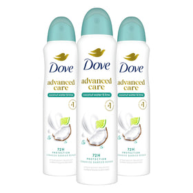 Dove coconut water & lime front packaging showing three cans and label benefits