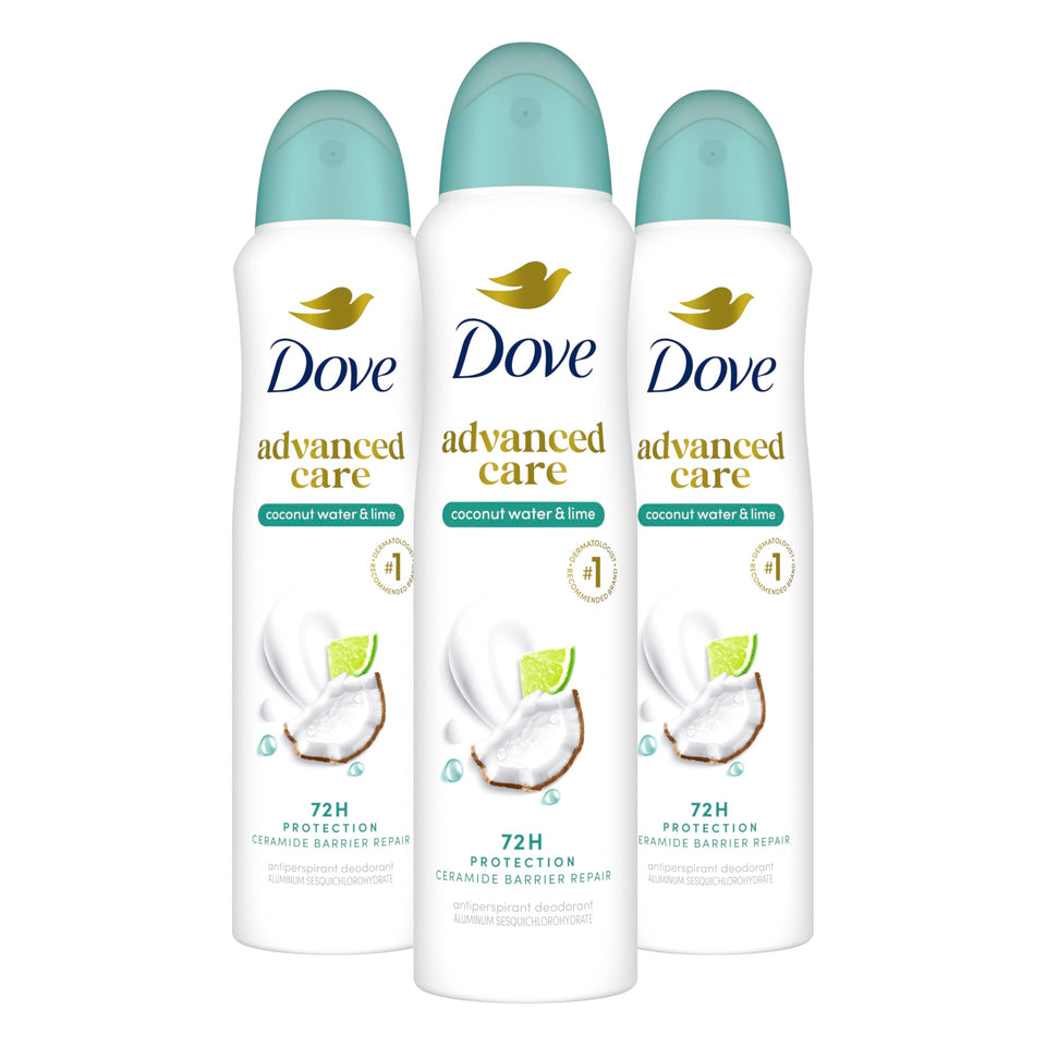 Dove coconut water & lime front packaging showing three cans and label benefits