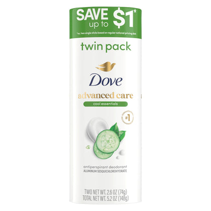 Dove Cool Essentials front packaging showing 72H protection and two sticks for confidence