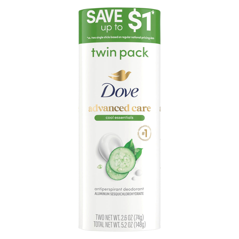 Dove Cool Essentials front packaging showing 72H protection and two sticks for confidence