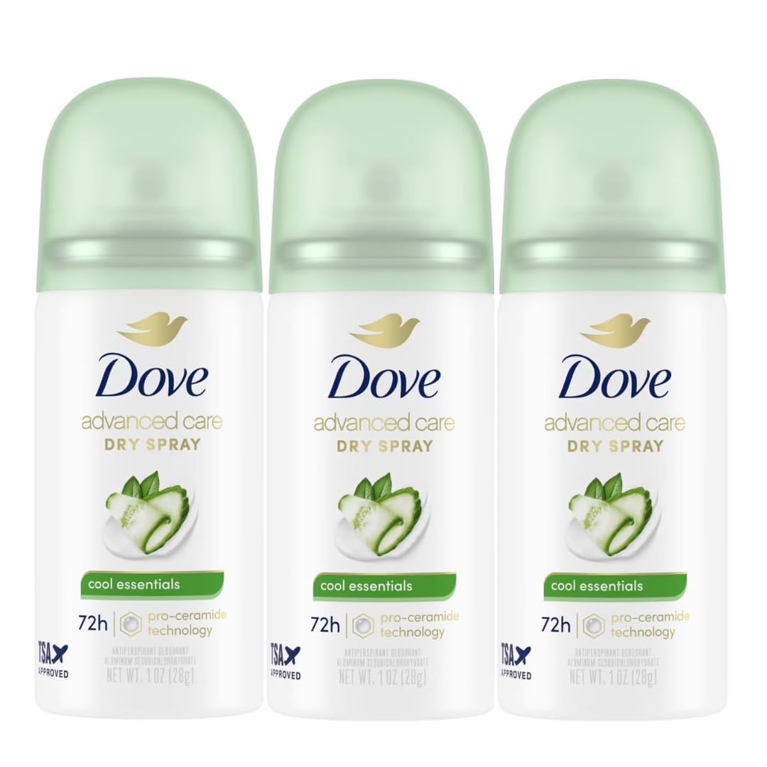 Dove Cool Essentials front packaging showing 3-pack and travel benefits