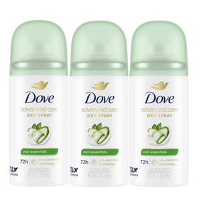 Dove Cool Essentials front packaging showing 3-pack and travel benefits