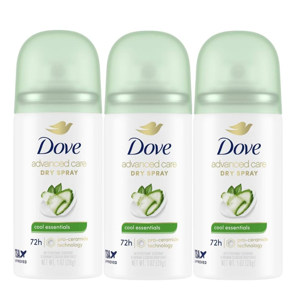 Dove Cool Essentials front packaging showing 3-pack and travel benefits