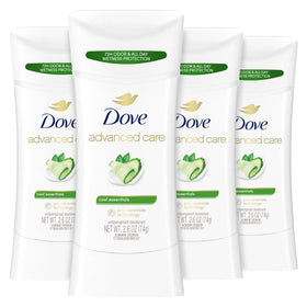 Dove Cool Essentials front packaging showing four 2.6 oz sticks and benefits