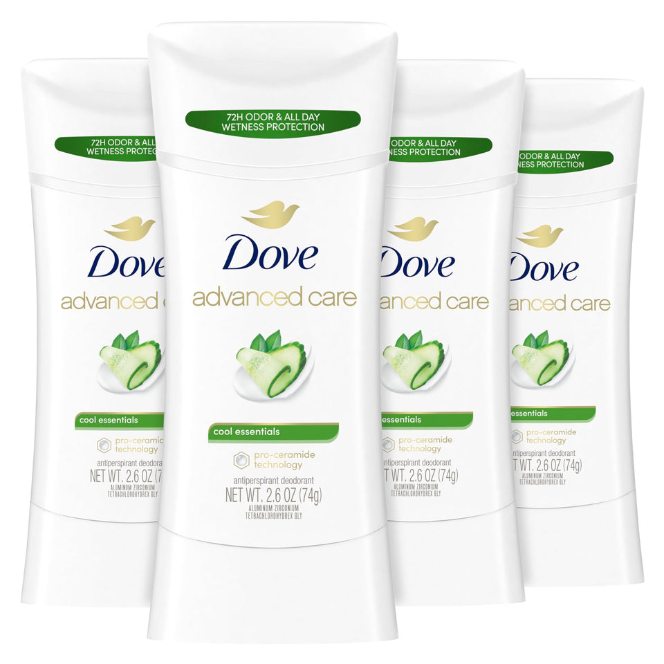 Dove Cool Essentials front packaging showing four 2.6 oz sticks and benefits