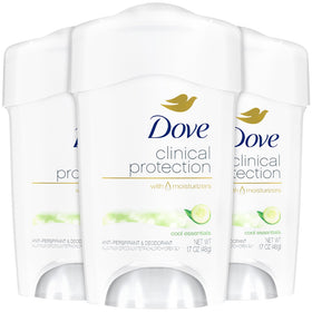 Dove Cool Essentials front packaging showing three antiperspirant sticks and brand benefit