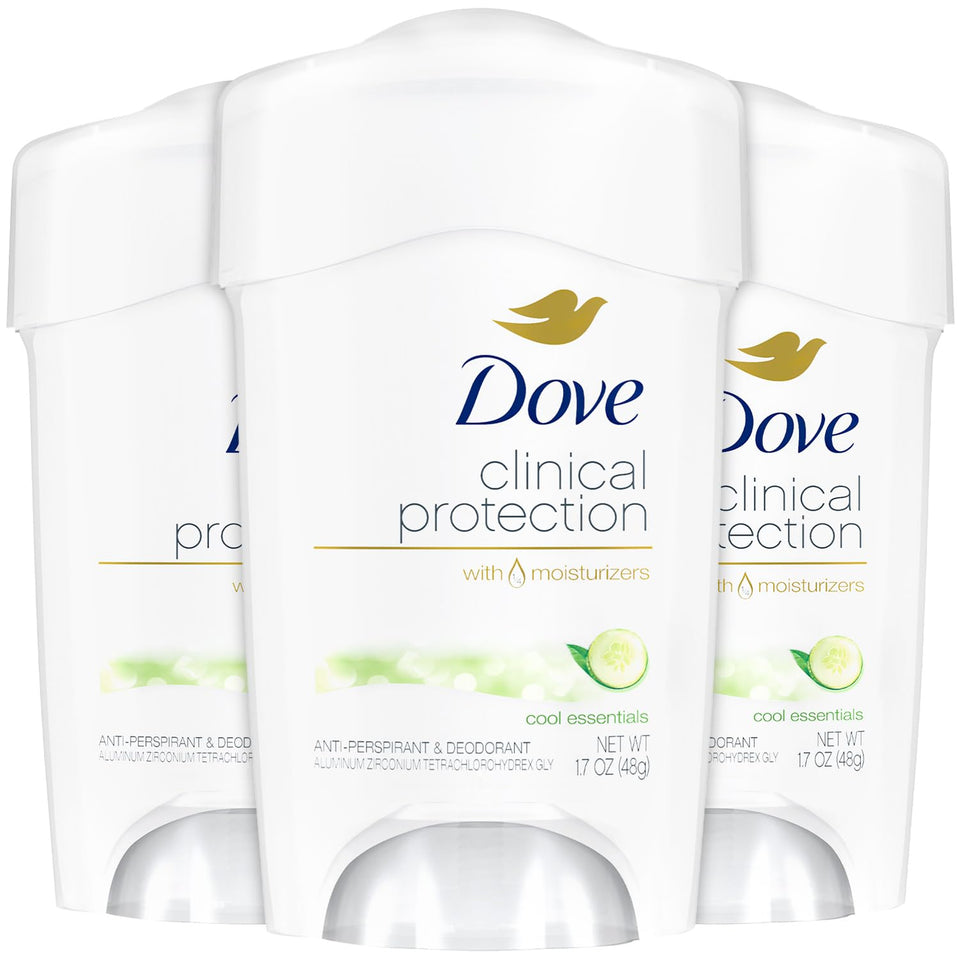 Dove Cool Essentials front packaging showing three antiperspirant sticks and brand benefit