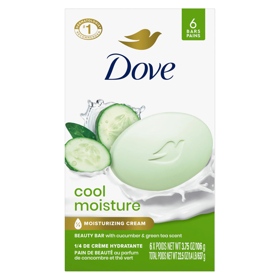 Dove beauty bar front packaging showing cucumber and green tea scent and benefits