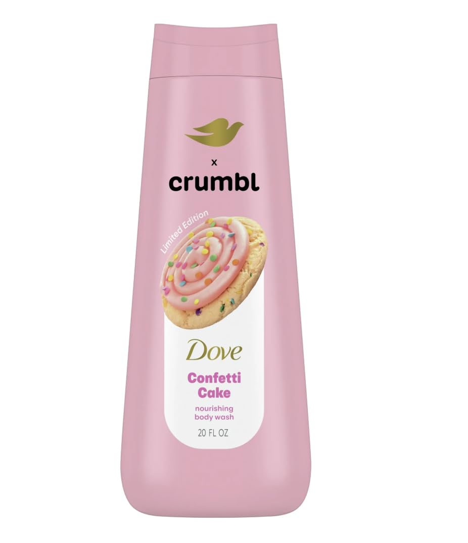Dove Confetti Cake body wash front bottle shot showing label and 20 oz size benefit
