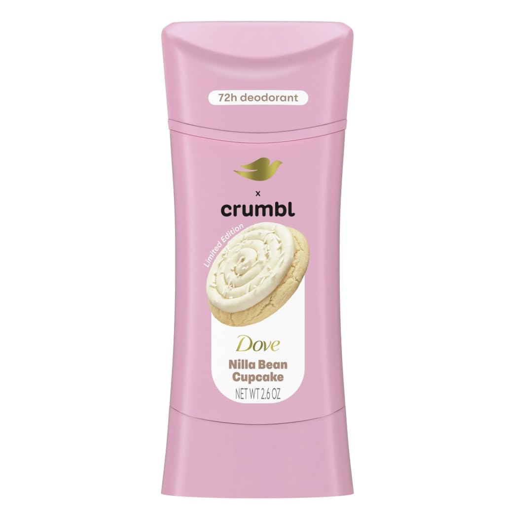 Dove x Crumbl front packaging showing deodorant stick and sweet vanilla scent benefit