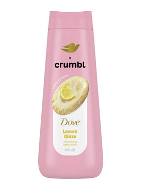 Dove x Crumbl front packaging showing 20 oz bottle and citrus-inspired label, evokes indulgent scent