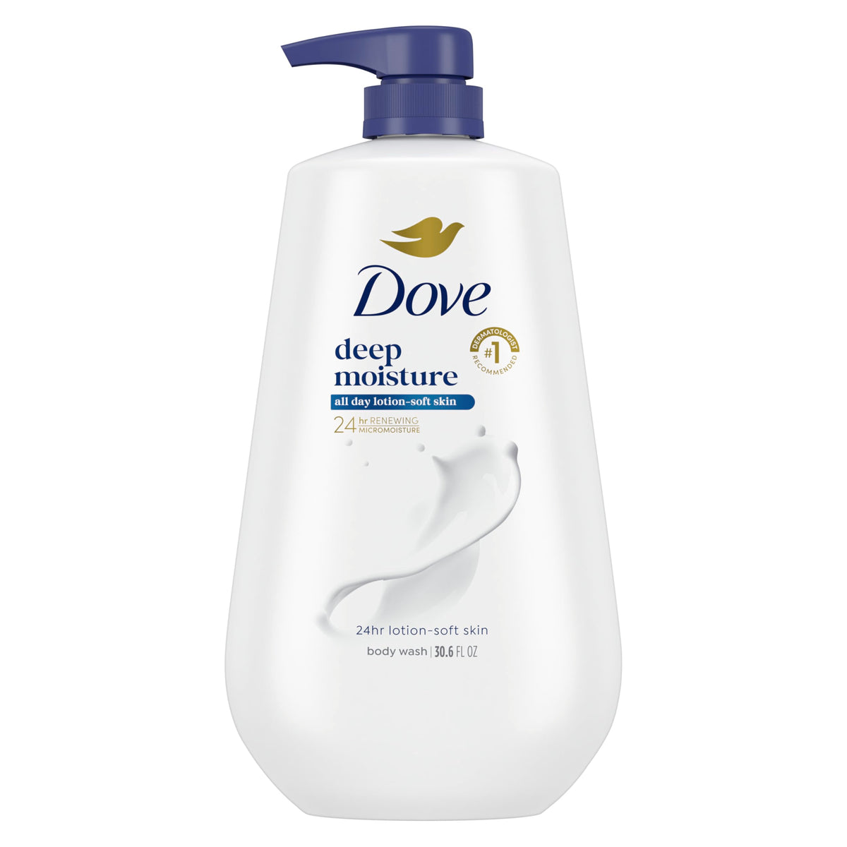 Dove deep moisture front bottle showing label and size, highlighting lasting hydration