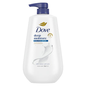 Dove deep moisture front bottle showing label and size, highlighting lasting hydration