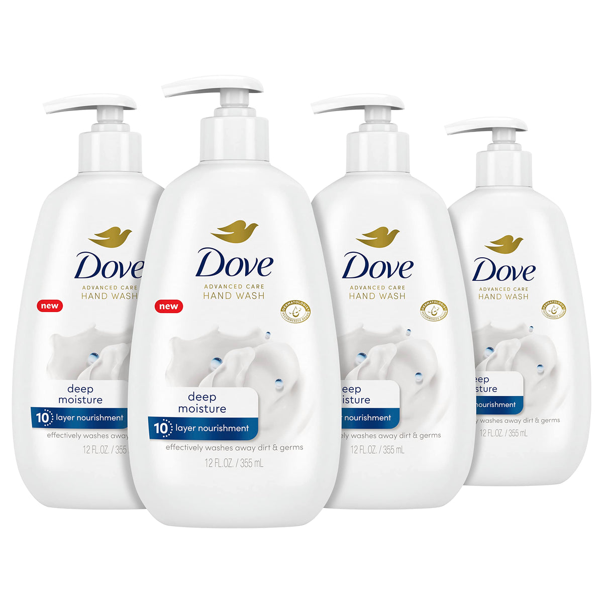 Dove Deep Moisture front packaging shows nourishing formula and 4-count value