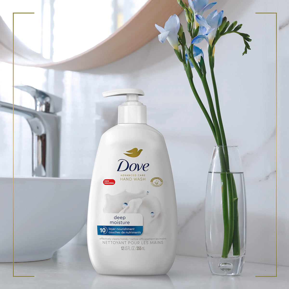 Dove recycled bottle label highlighting 100% recycled plastic and sustainability benefit