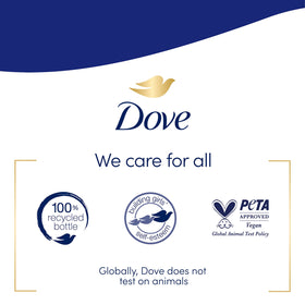 Dove three 34 oz refills next to a hand for size and scale