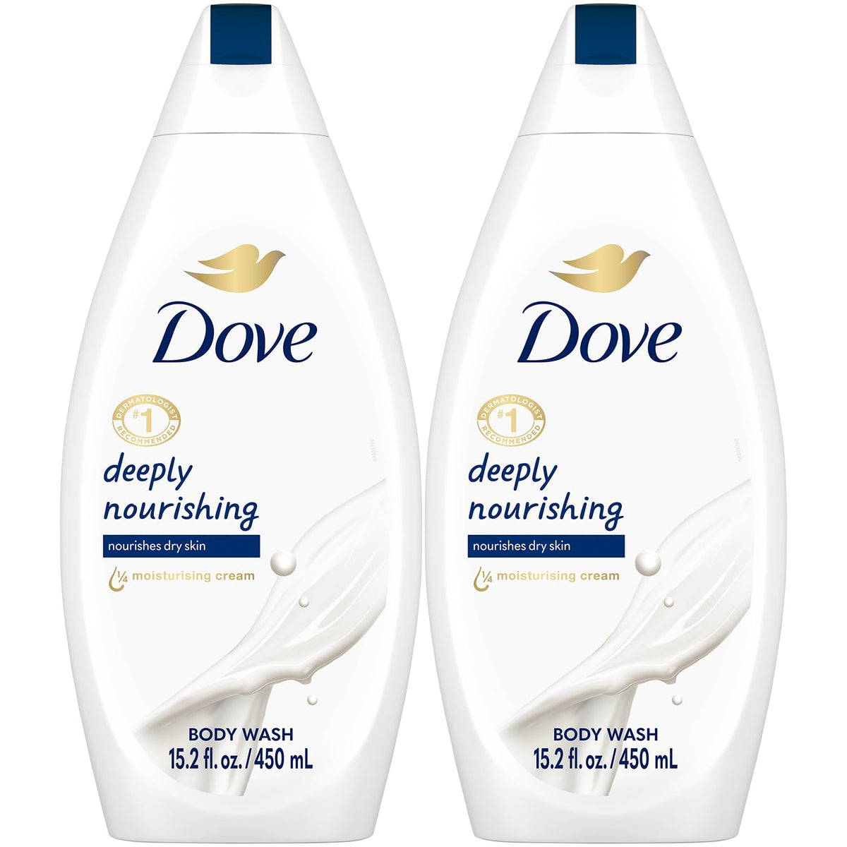 Dove front packaging showing two 15.2 oz bottles and benefit of soft skin