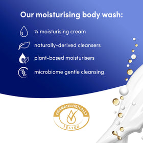Dove body wash in shower use showing hydrated skin after cleansing